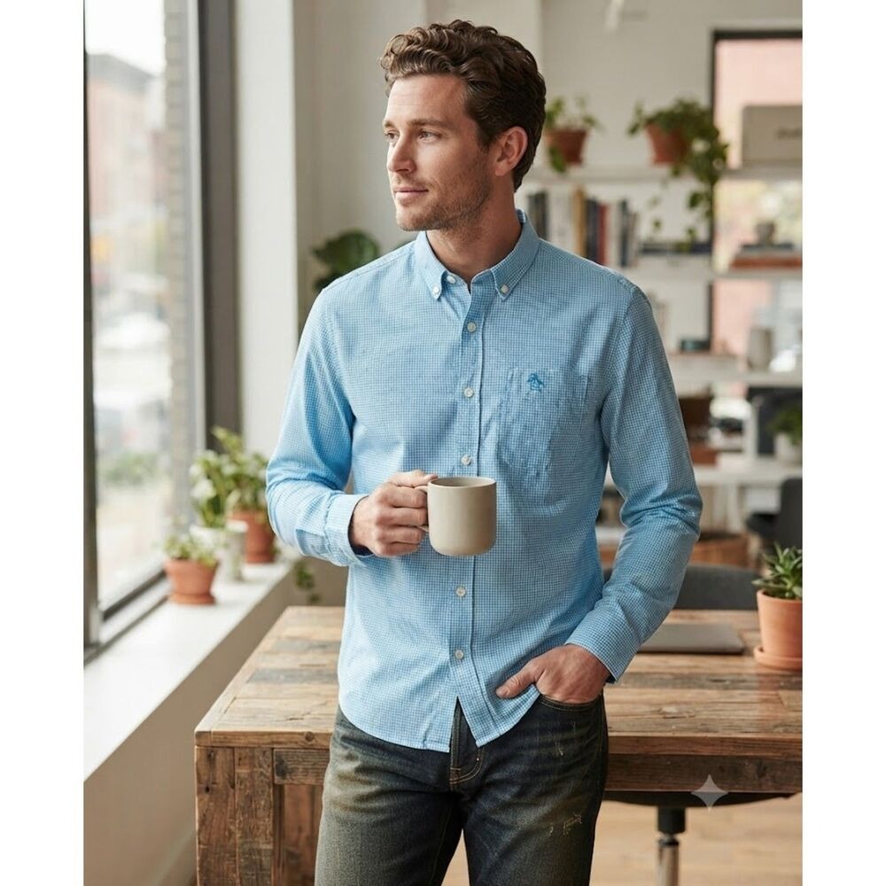 Original Penguin Button Down Shirt Large Blue Gingham Micro Dot Long Sleeve L